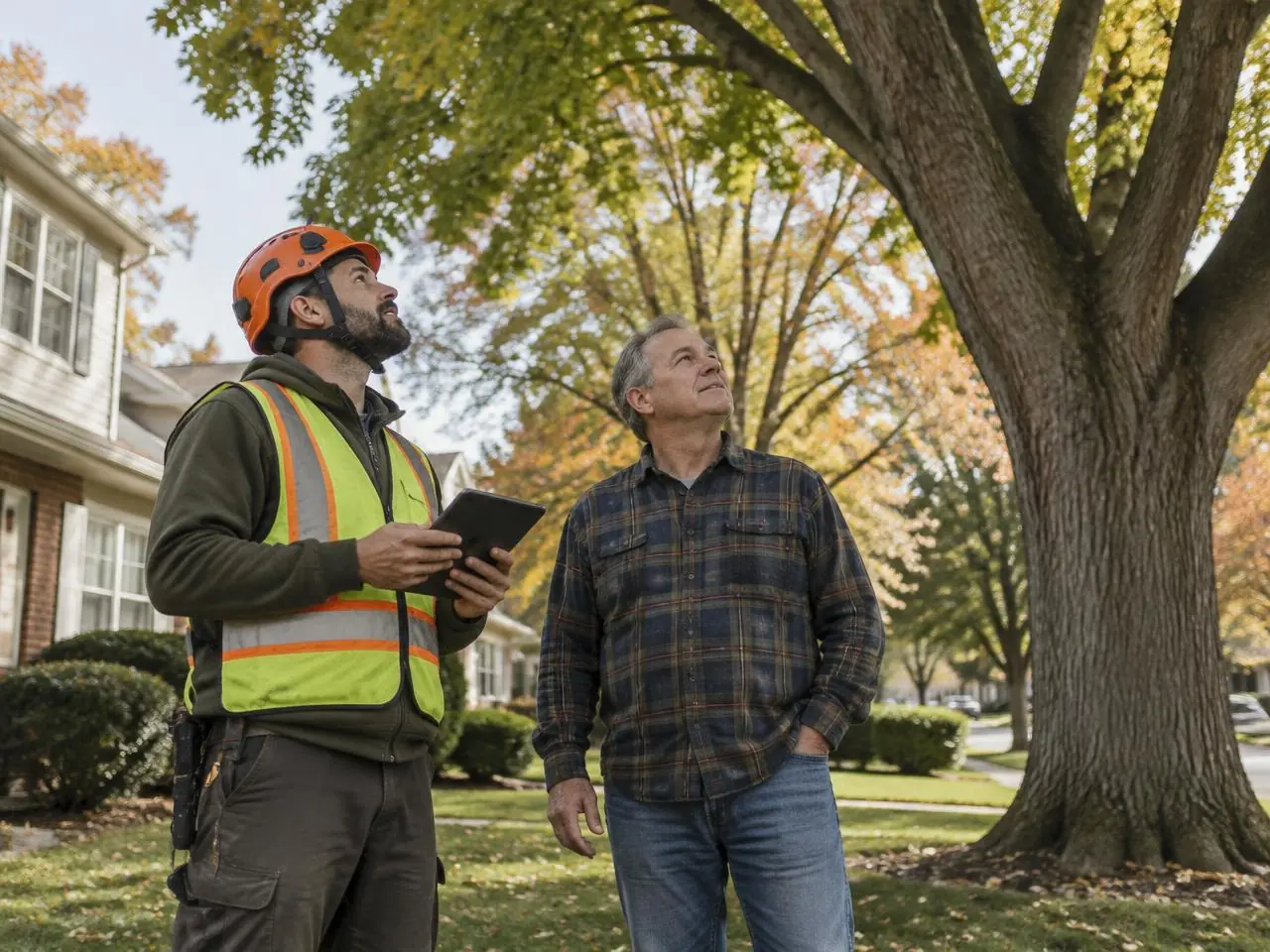 Arborist in a helmet holding a tablet while assessing a large maple with a homeowner