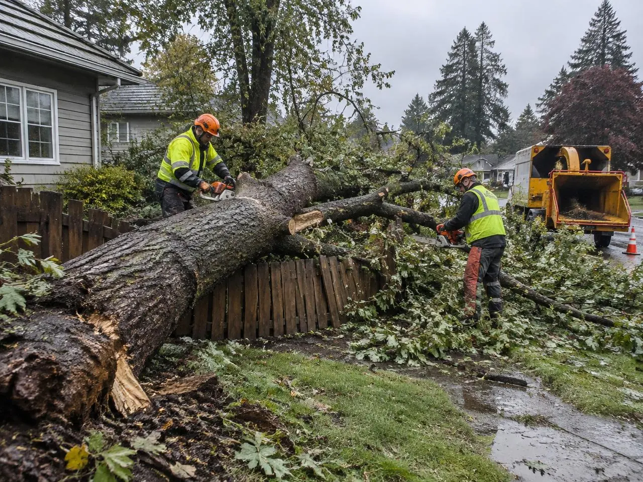 Storm crew cutting up a fallen tree that crushed a fence, with a chipper at the curb