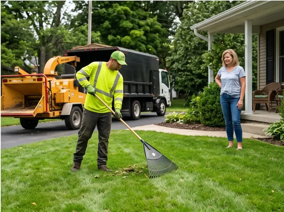Tree worker raking the lawn after cleanup while a homeowner looks on