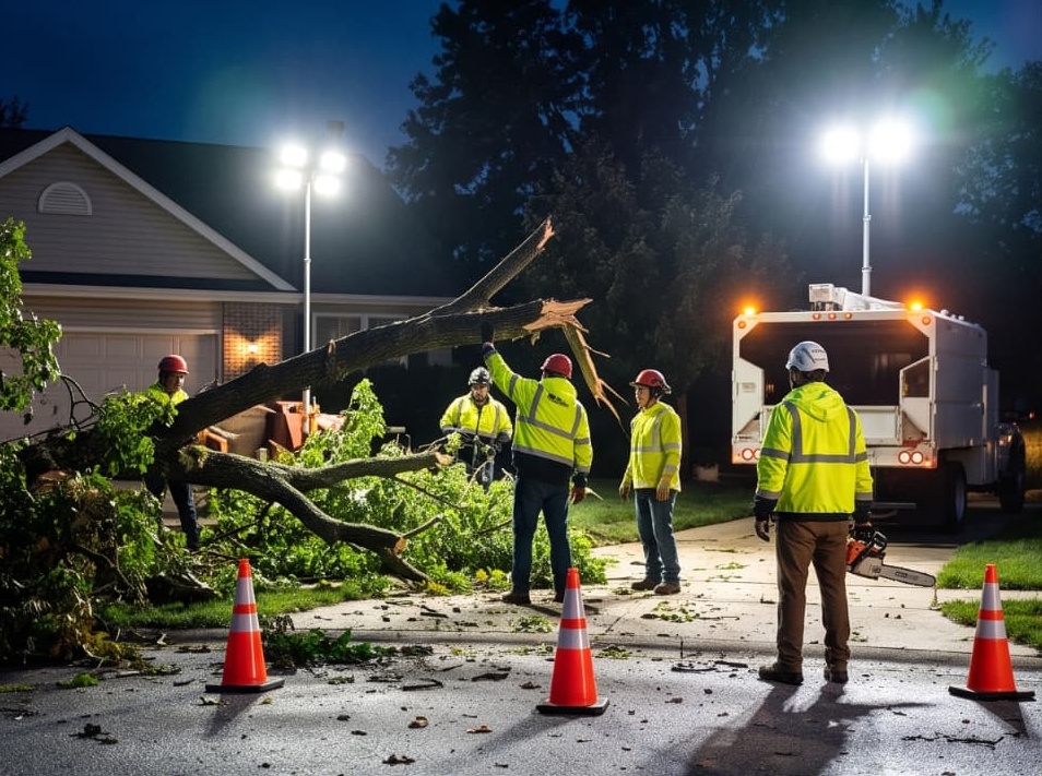 Emergency tree crew clearing a storm-fallen tree under work lights at night