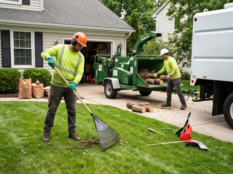 Tree workers raking a lawn and loading wood into a chipper after cleanup