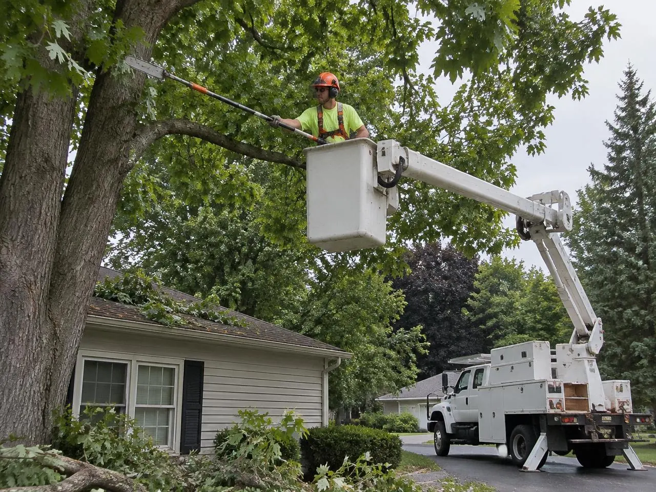 Tree worker pruning a maple from a bucket truck lift above a residential roof