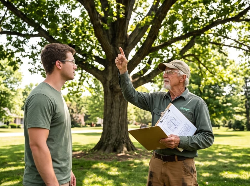 Tree care professional discussing a mature oak with a homeowner