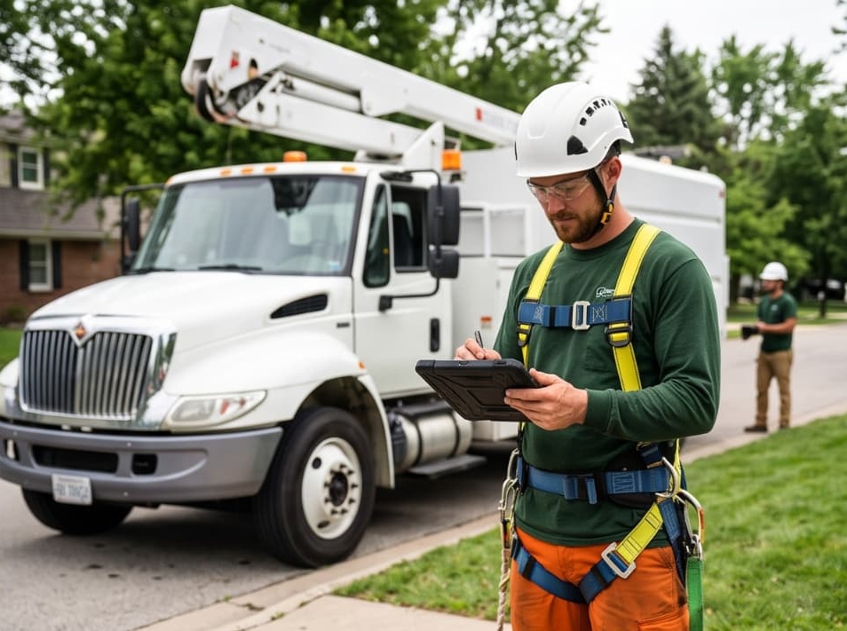 Arborist recording a tree work assessment on a tablet beside a bucket truck