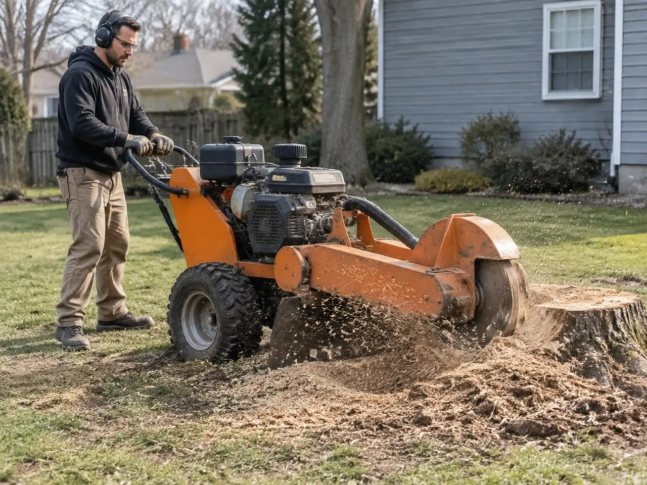 Operator grinding a tree stump in a backyard with a walk-behind stump grinder