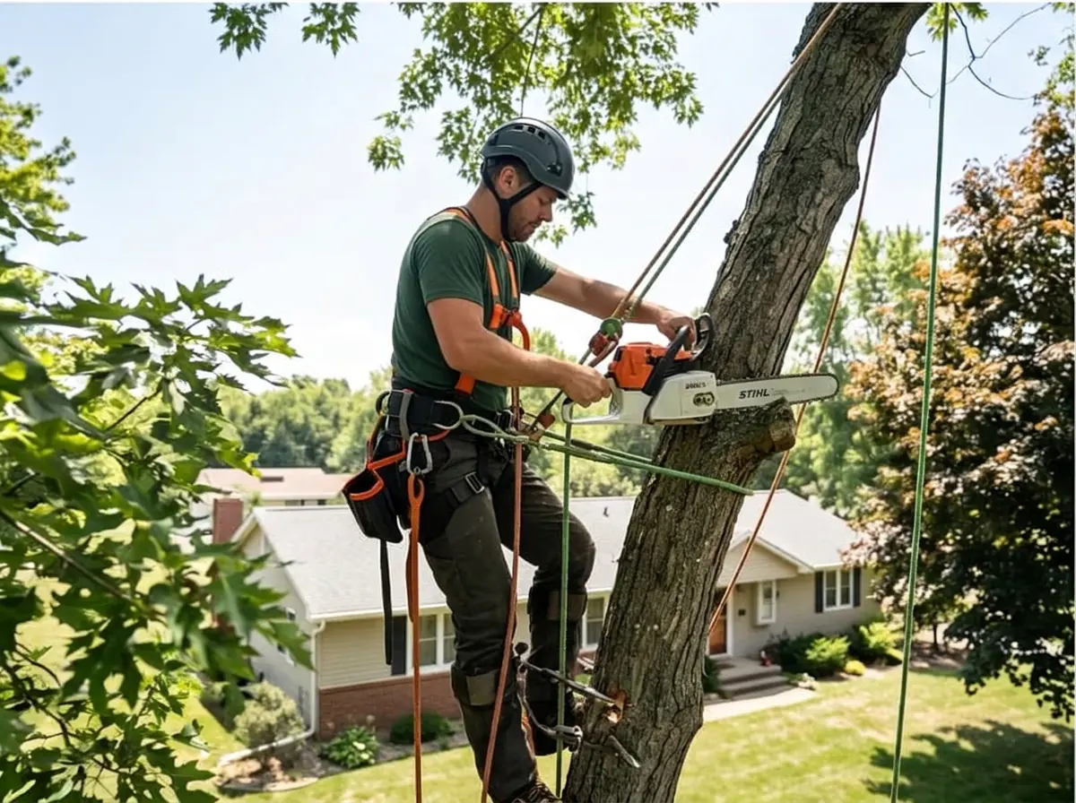 Climbing arborist braced on the trunk with spikes and ropes while using a chainsaw