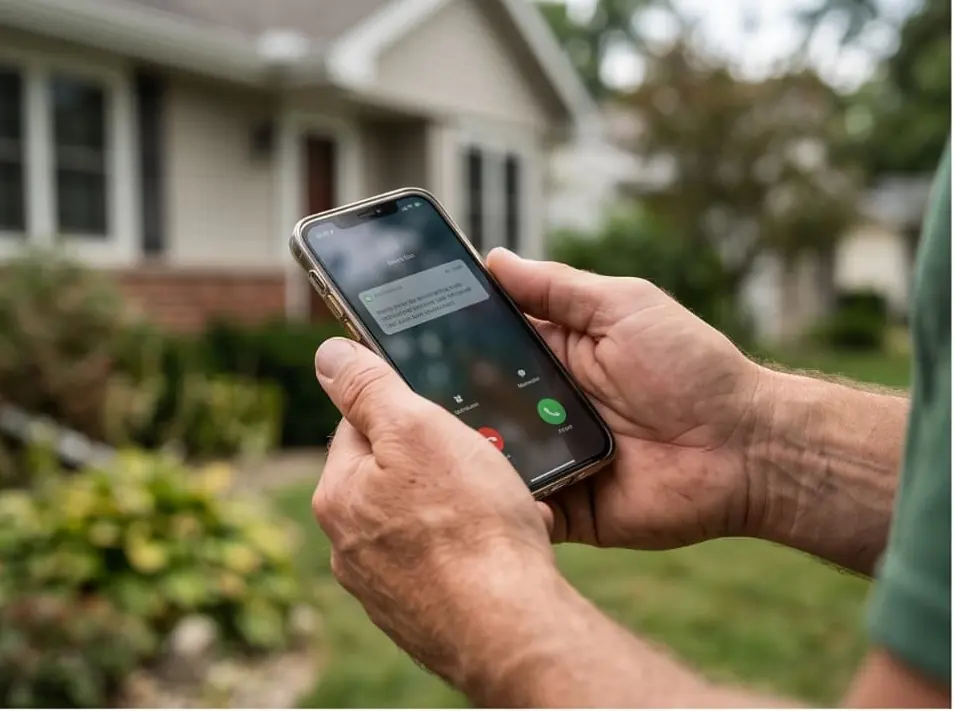 Homeowner calling a tree service from a smartphone outside a house