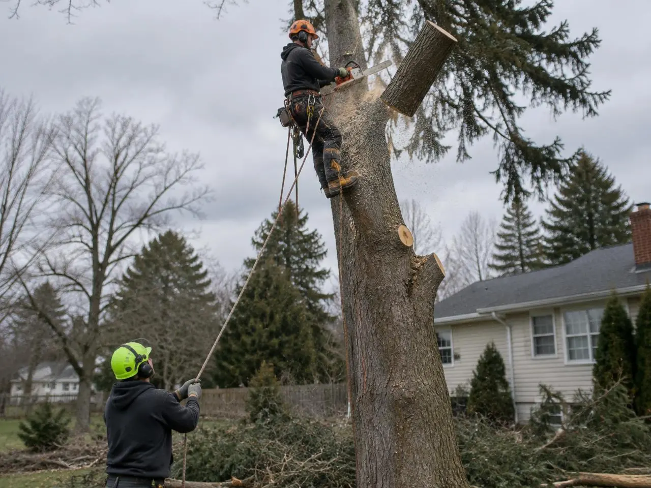 Climbing arborist cutting a trunk section with a chainsaw while a ground worker holds the rigging line